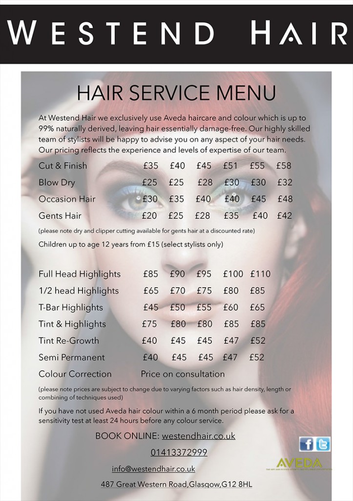 Hair Services Price List Westend Hair Glasgow