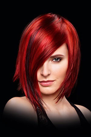 straight bob with amazing red hair colour, top hair colour salon Glasgow
